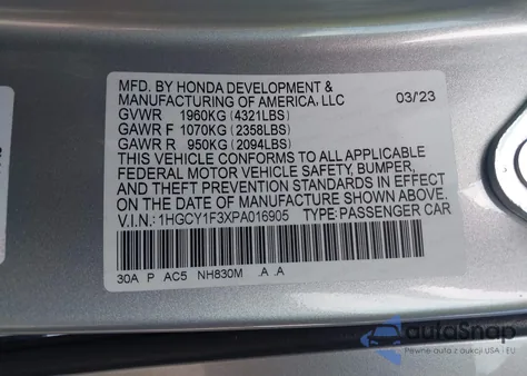 2023 Honda Accord Ex z USA, uszkodzony, nr VIN 1HGCY1F3XPA016905